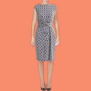 Ralph Lauren Black and Ivory Geometric Twist Front Dress Cap Sleeve Stretch 2